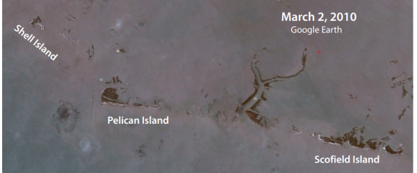 Berms To Barriers IProject Aerial image of the barrier island chain, including Shell Island, Pelican Island, and Scofield Island. These barrier islands deteriorated due to normal shoreline erosion, storm surge impacts, subsidence, sediment deprivation, sea level rise, and other factors. Image from file:///C:/Users/jskillman/Downloads/CPRA_LA2015AnnualPlan.pdf