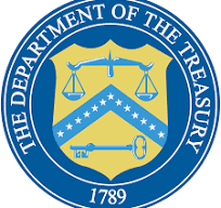 US Dept of Treasury Blue and yellow seal of the US Department of Treasury.